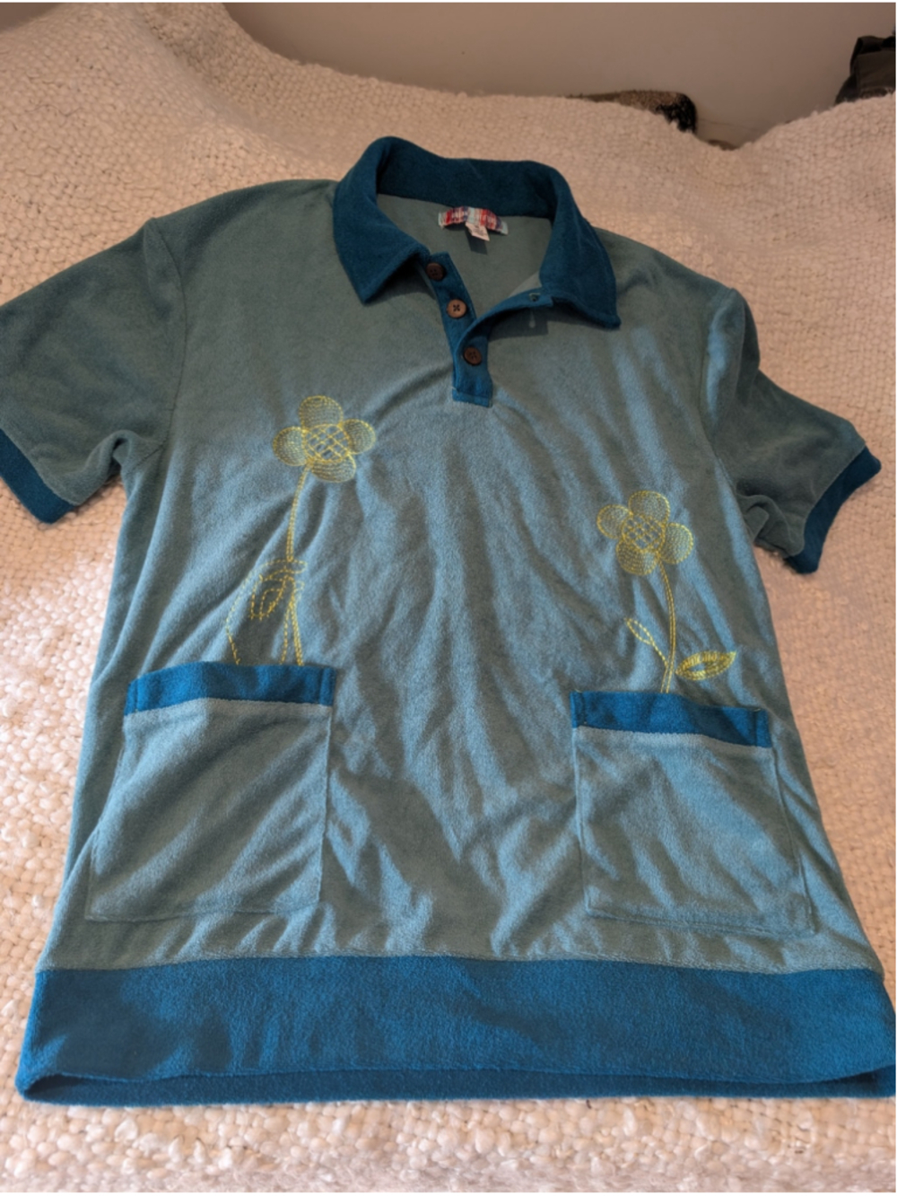 Womens Urban Outfitters M Teal Floral Embroidered Terry Polo Pocket Top Y2K - Picture 6 of 11